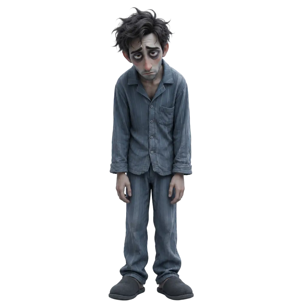 Boneco do personagem adormecido: cansado, triste e sem energia