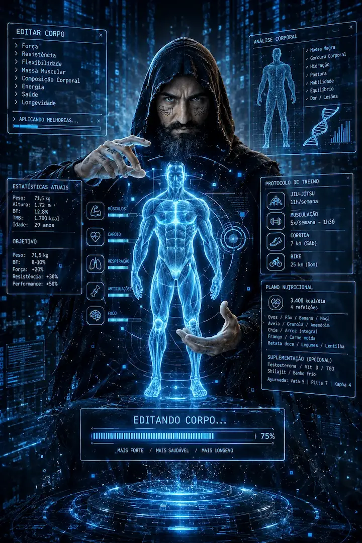 Plano físico representado por uma figura e um corpo humano holográfico
