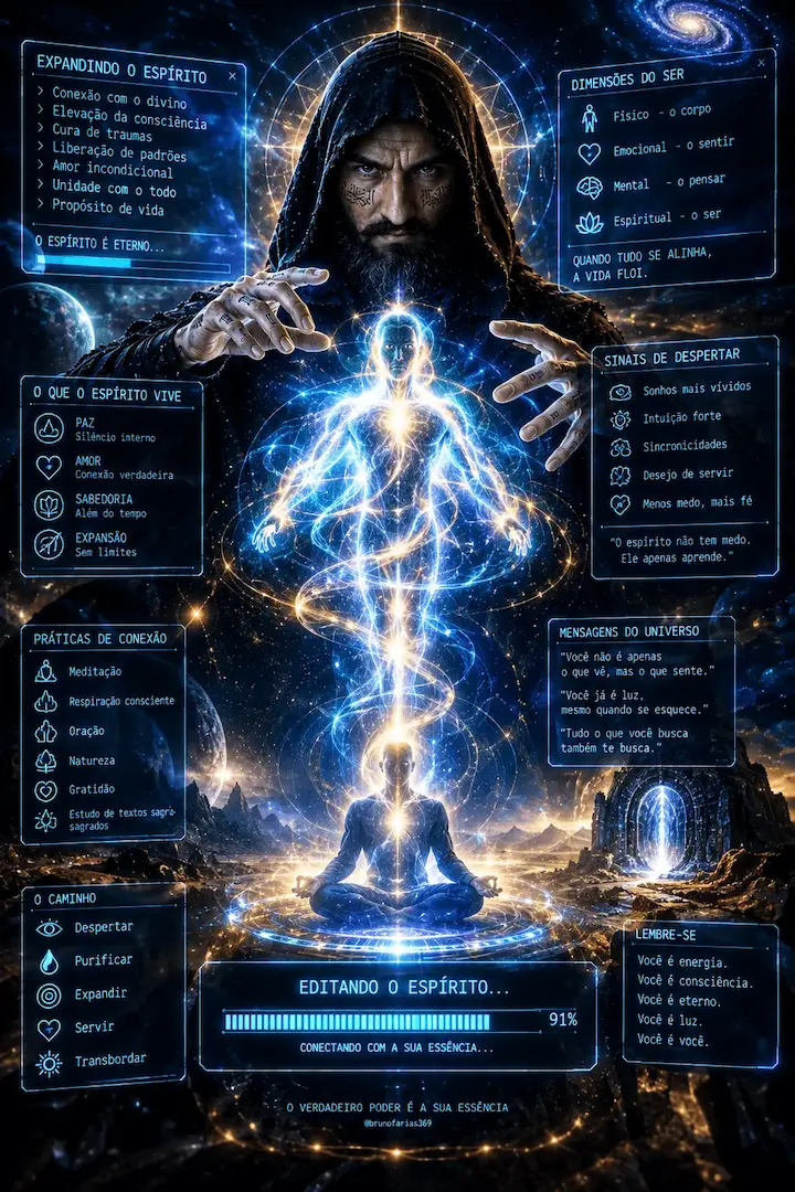 Plano espiritual representado por uma figura cercada por luz e energia